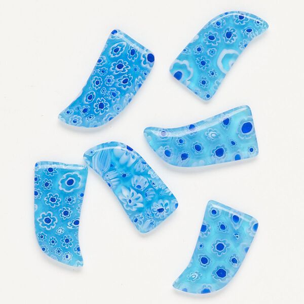 Component, millefiori glass, translucent sky blue /  cobalt blue / white, 24x12mm-30x14mm undrilled talon. Sold per pkg of 6. image number 0