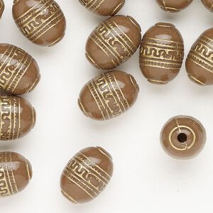 Acrylic 1pkg1, oval bead 1 ounce brown / gold / line design 13x10mm