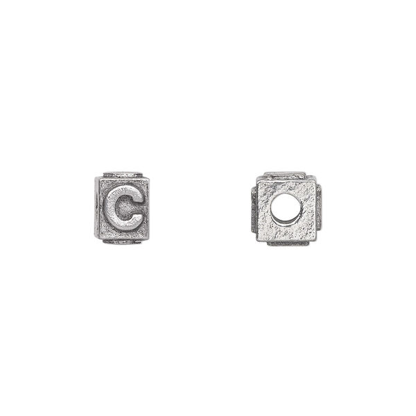 Bead, antiqued pewter (tin-based alloy), 8x6mm rectangle with alphabet letter "C". Sold per pkg of 4. image number 0