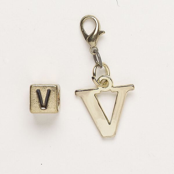 Bead and charm, brass-finished "pewter" (zinc-based alloy) / steel / enamel, black, 7mm cube with alphabet letter "V" and 15x13mm alphabet letter "V" with lobster claw clasp. Sold per pkg of 2. image number 0
