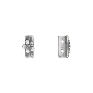 Spacer bar, JBB Findings, antique silver-plated pewter (tin-based alloy), 10x5mm 2-strand rectangle with single-sided flower design. Sold per pkg of 2.