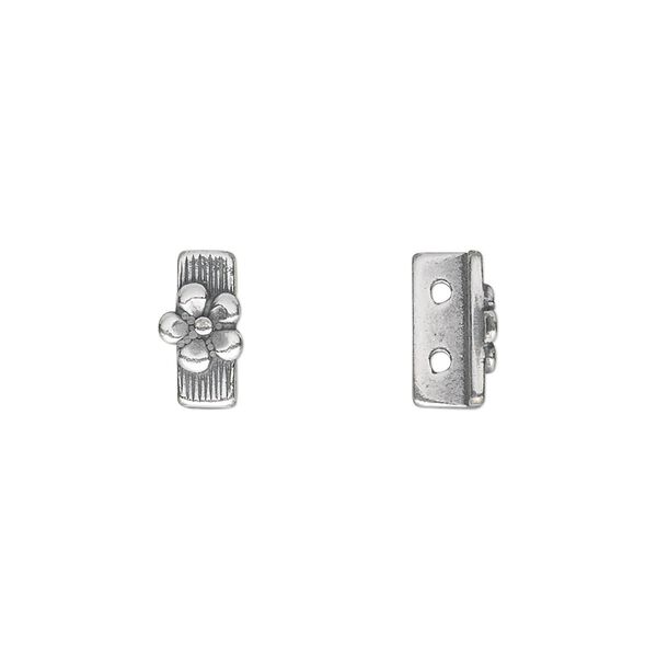 Spacer bar, JBB Findings, antique silver-plated pewter (tin-based alloy), 10x5mm 2-strand rectangle with single-sided flower design. Sold per pkg of 2. image number 0