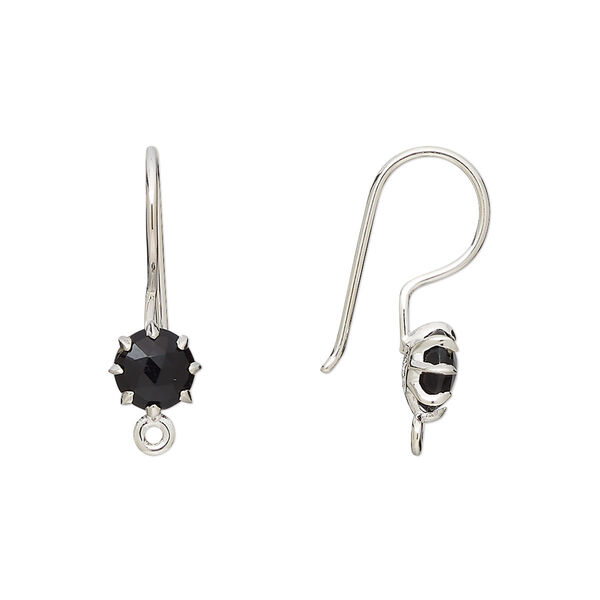 Ear wire, black onyx (dyed) and sterling silver, 22mm fishhook with 7.5mm hand-cut faceted round and loop, 19 gauge. Sold per pair. image number 0