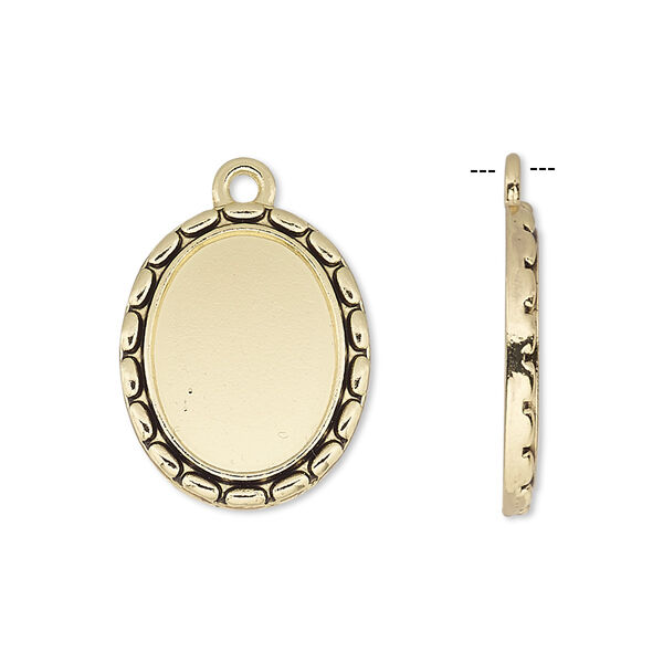 Drop, antique gold-finished "pewter" (zinc-based alloy), 21x17mm oval with oval edge and 16x12mm oval setting. Sold per pkg of 6. image number 0