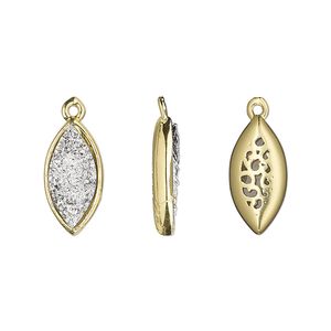 Drop, Druzylite™, "druzy" (resin) and gold-finished brass, silver, 16x8mm two-sided marquise with open filigree back. Sold per pkg of 4.