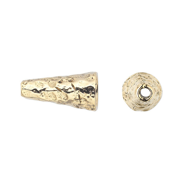Cone, pewter (tin-based alloy), pkg/1, antique gold plate, 18x10mm hammered round, fits 8-10mm bead. image number 0