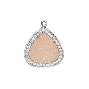 Drop, druzy agate (dyed) / white topaz (natural) / sterling silver, pink, 20x20mm single-sided teardrop. Sold individually.