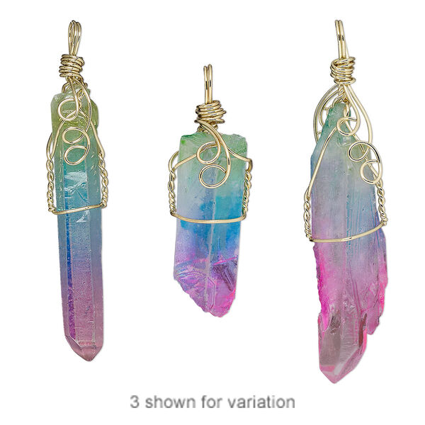 Pendant, quartz crystal (coated) and gold-finished brass, lavender / teal blue / green, 2-1/3 inch to 3 x 3/4 inch faceted point. Sold individually. image number 0