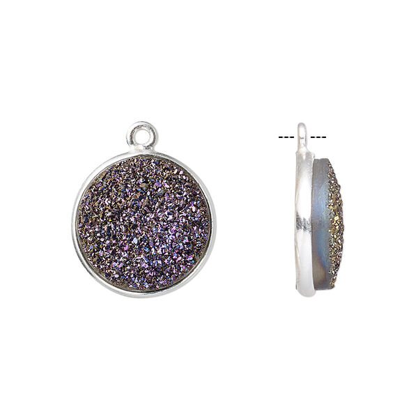 Drop, titanium- / electro-coated druzy agate (coated) / sterling silver, purple, 15mm hand-cut single-sided flat round. Sold individually. image number 0