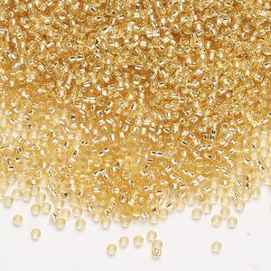Seed bead, Miyuki, glass, pkg/35g, #15 rocaille, transparent silver-lined gold (RR-3).