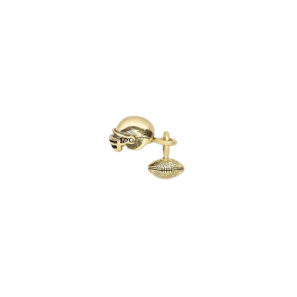 Charm, antique gold-plated pewter (tin-based alloy), 11x6mm 3D football and 13x9mm 3D helmet. Sold individually. image number 0