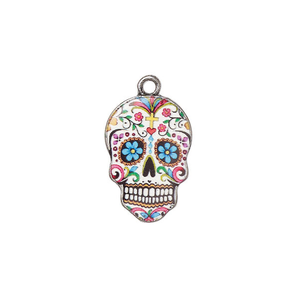 Charm, resin and antique silver-plated "pewter" (zinc-based alloy), white and multicolored, 19x13mm single-sided Dia de los Muertos skull with flower and diamond design. Sold individually. image number 0