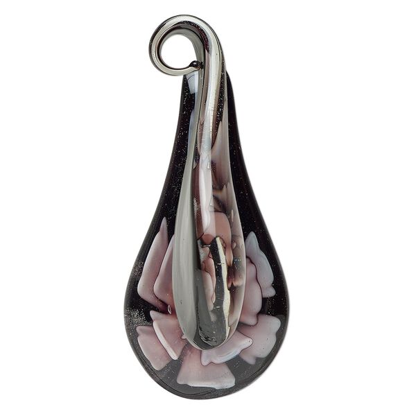 Pendant, lampworked glass, black and pale purple, 70x40mm-72x42mm spoon with flower. Sold individually. image number 0