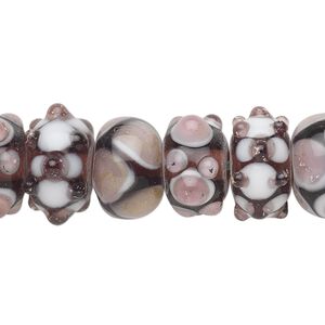 Bead, lampworked glass, purple / lavender / white, 14x8mm rondelle. Sold per pkg of 20.