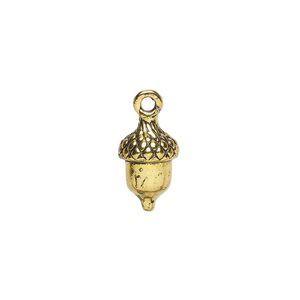 Charm, antique gold-finished "pewter" (zinc-based alloy), 15x9mm 3D acorn. Sold per pkg of 6.