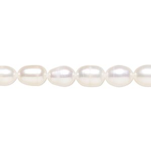 Pearl, cultured freshwater (bleached), white, 6x5mm-9x6mm rice, C grade, Mohs hardness 2-1/2 to 4. Sold per 14-inch strand.