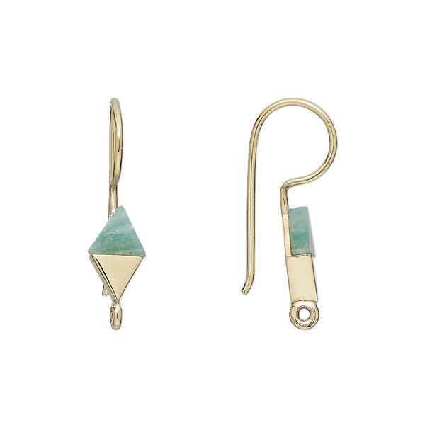 Ear wire, amazonite (natural) and gold-finished sterling, 24mm fishhook with 10x6mm hand-cut diamond and loop, 19 gauge. Sold per pair. image number 0