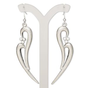 Earring, glass rhinestone with imitation rhodium-plated brass and "pewter" (zinc-based alloy), clear, 2-1/2 inches with brushed open abstract heart and fishhook ear wire. Sold per pair.
