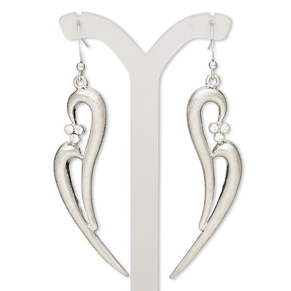 Earring, glass rhinestone with imitation rhodium-plated brass and "pewter" (zinc-based alloy), clear, 2-1/2 inches with brushed open abstract heart and fishhook ear wire. Sold per pair. image number 0