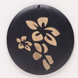 Focal, wood (natural / dyed), black and tan, 58-60mm top-drilled carved round with flower. Sold individually.