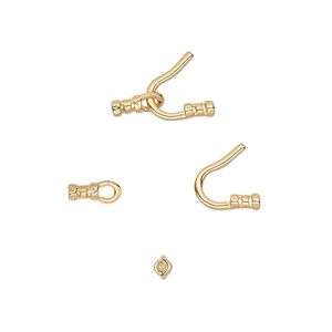Clasp hook&eye 1pkg10 gold-plated, 13x9mm / crimp end / fits up to 1mm cord, brass 1-strand