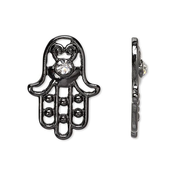 Component, Czech glass rhinestone and painted "pewter" (zinc-based alloy), clear and black, 25x18mm single-sided Fatima hand with cutouts and 4mm faceted round. Sold per pkg of 2. image number 0