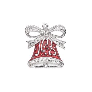 Charm, enamel and silver-plated "pewter" (zinc-based alloy), red, 20.5x19.5mm single-sided bell with fancy bow. Sold individually.