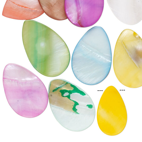 Bead mix, mother-of-pearl shell (natural / bleached / dyed), multicolored, 25x15mm-32x21mm top- and center-drilled flat teardrop with 0.6mm hole, Mohs hardness 3-1/2. Sold per pkg of 10. image number 0