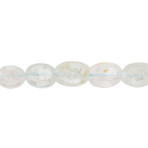 Bead, aquamarine (heated), 8x7mm-13x8mm hand-cut faceted puffed oval, D grade, Mohs hardness 7-1/2 to 8. Sold per 8-inch strand. image number 0