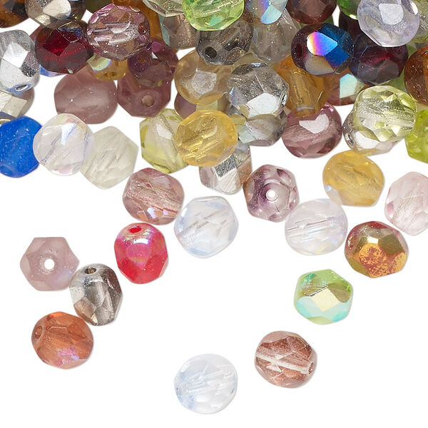 Bead, Czech fire-polished glass, translucent mixed colors, 6mm faceted round. Sold per 4-ounce pkg, approximately 900 beads. image number 0