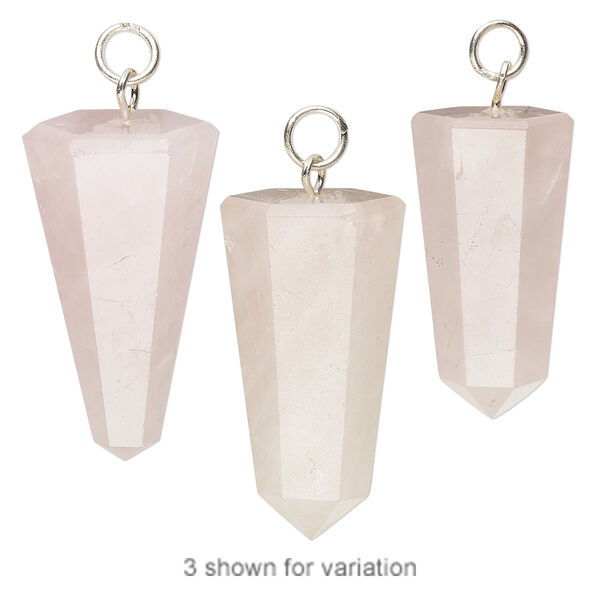 Focal, rose quartz (natural) and silver-plated "pewter" (zinc-based alloy), 30x15mm-35x19mm hand-cut faceted hexagon point, Mohs hardness 7. Sold individually. image number 0