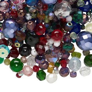 Bead mix, fire-polished glass, pkg/ 1/4 pound, 4mm-13x11mm mixed shapes, opaque to transparent mixed colors.