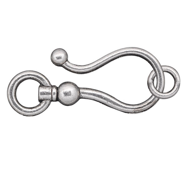 Clasp, hook-and-eye, antique silver-plated "pewter" (zinc-based alloy), 26x16mm double-sided. Sold per pkg of 10. image number 0