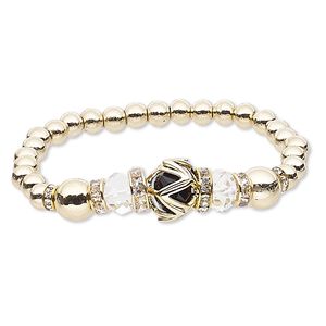 Bracelet, stretch, glass rhinestone / glass / gold-coated plastic / gold-finished "pewter" (zinc-based alloy), black and clear, 14mm round, 6 inches. Sold individually.