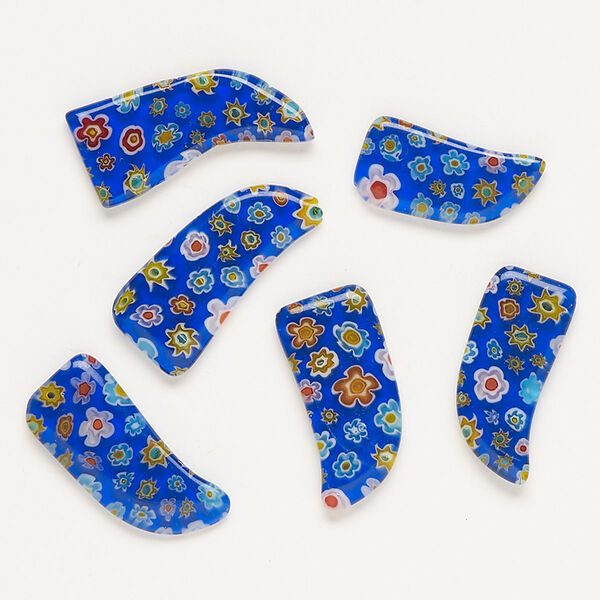 Component, millefiori glass, translucent cobalt blue and multicolored, 22x11mm-27x14mm undrilled talon. Sold per pkg of 6. image number 0