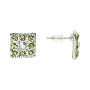 Earstud, Everyday Jewelry, antique silver-finished "pewter" (zinc-based alloy) and glass, green and clear AB, 12mm square. Sold per pair.