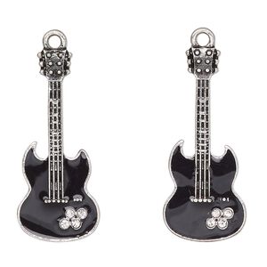 Focal, antique silver-finished enamel "pewter" (zinc-based alloy) and glass, clear and black, 32x14mm guitar. Sold per pkg of 2.