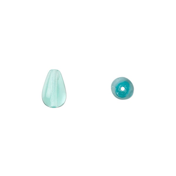 Bead, Czech pressed glass, light aqua, 9.5x6mm teardrop. Sold per 15-1/2" to 16" strand, approximately 40 beads. image number 0