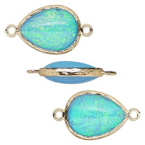Link, Opalized Ice™, "opal" (resin) and gold-finished brass, light blue, 19.5x15mm double-sided teardrop. Sold per pkg of 4.