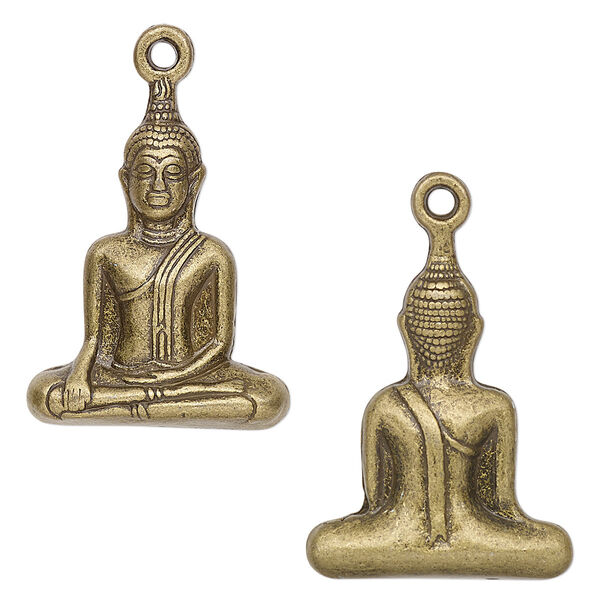 Focal, antique brass-plated "pewter" (zinc-based alloy), 30x23mm 3D Buddha. Sold per pkg of 2. image number 0