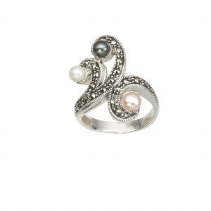 Ring, cultured freshwater pearl (bleached / dyed) / marcasite (natural) / sterling silver, multicolored, 24x20mm wave, size 7-1/2. Sold individually.