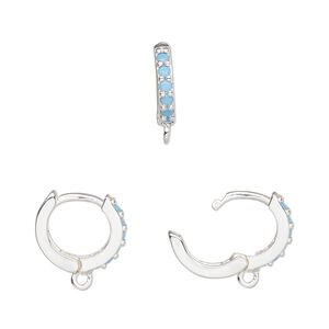 Hoop, silver-finished brass and glass, turquoise blue, 13mm hoop, 17 gauge. Sold per pair.