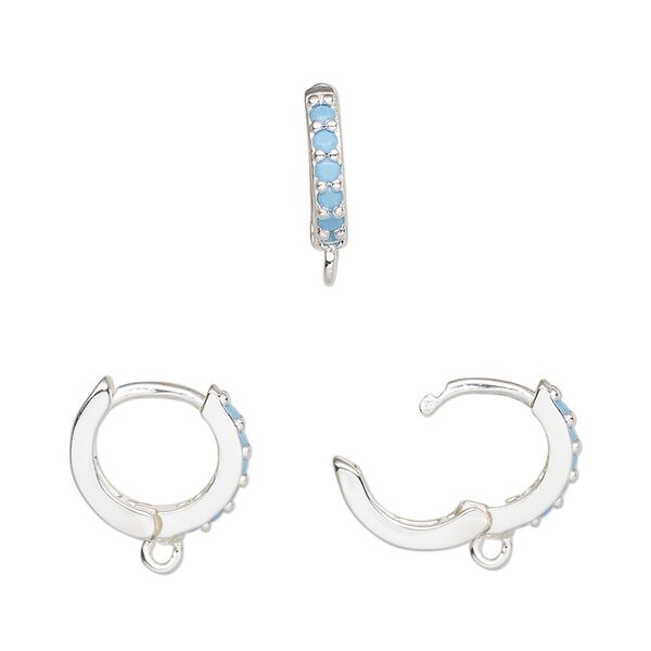Hoop, silver-finished brass and glass, turquoise blue, 13mm hoop, 17 gauge. Sold per pair. image number 0