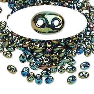 Seed bead, Preciosa Twin™ Czech glass, pkg/50g, 5x2.5mm oval, opaque olive iris black, (59155).