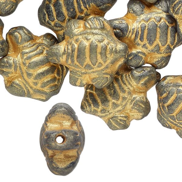 Bead, pressed clay, brown with gold, 17x18mm-20x18mm handmade turtle. Sold per pkg of 20. image number 0