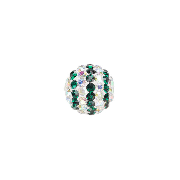 Bead, Egyptian glass rhinestone / epoxy / resin, white / dark green / clear AB, 12mm round with pav&eacute; striped design. Sold individually. image number 0