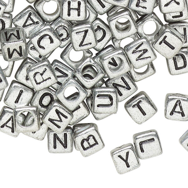 Bead mix, acrylic, opaque silver and black, 6mm cube with alphabet letters. Sold per pkg of 100. image number 0