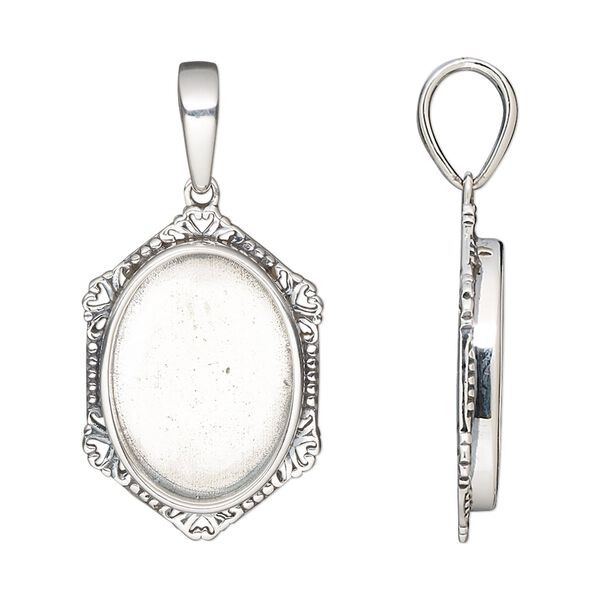 Pendant, antiqued sterling silver, 25x17.5mm hexagon with heart and beaded rim with 18x13mm oval bezel setting. Sold individually. image number 0