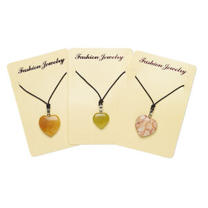 Necklace mix, multi-gemstone (natural / dyed / heated / stabilized) / nylon / silver finish brass, mixed colors, 15x15mm-21x21mm heart, adjustable up to 32 inches with knot closure. Sold per pkg of 3.