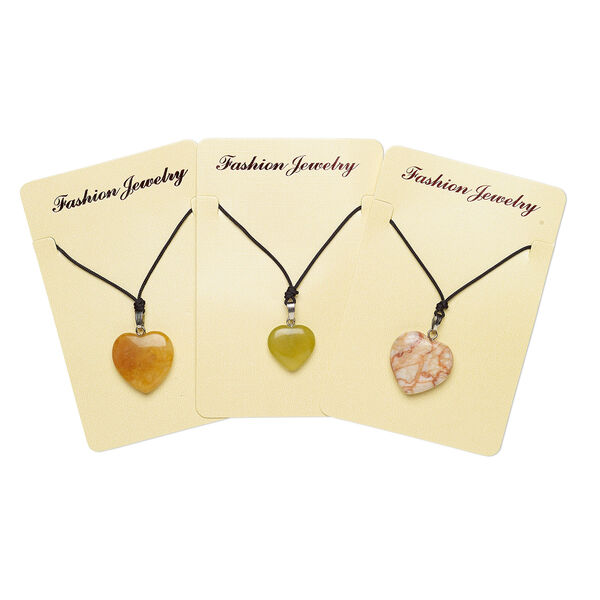 Necklace mix, multi-gemstone (natural / dyed / heated / stabilized) / nylon / silver finish brass, mixed colors, 15x15mm-21x21mm heart, adjustable up to 32 inches with knot closure. Sold per pkg of 3. image number 0